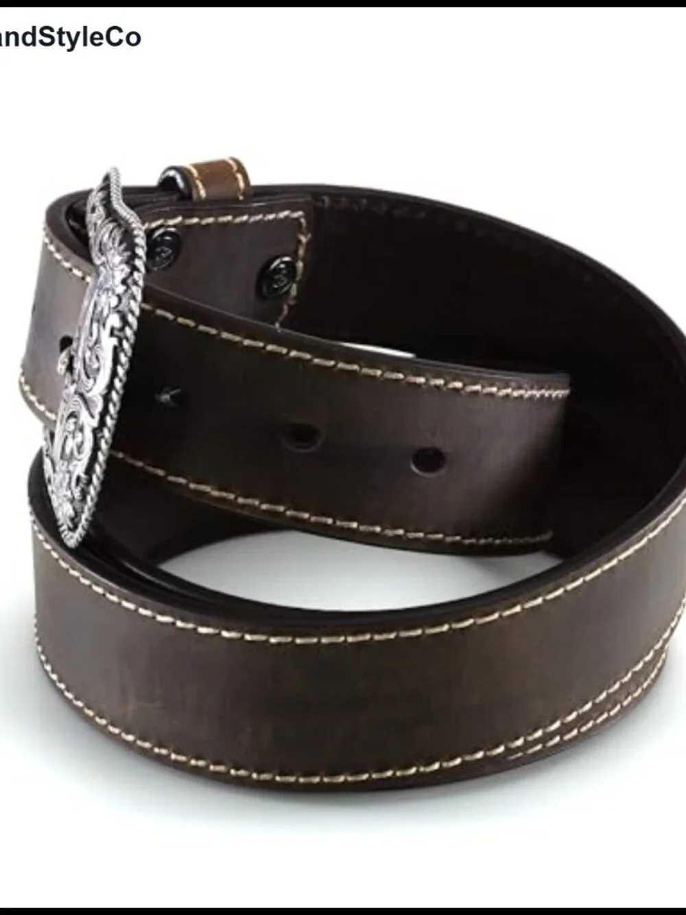 Genuine Leather Western Belt Heavy Stitch Floral Buckle